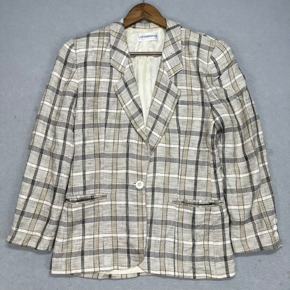 Liz Claiborne Jackets & Blazers - Vintage Liz Claiborne‎ Plaid Silk Blend Tweed Blazer Jacket Womens 8 One Button